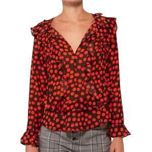 Delfi Polka Dot Ruffle Blouse Black/Red Slit Back Medium Date Night Artsy Top
